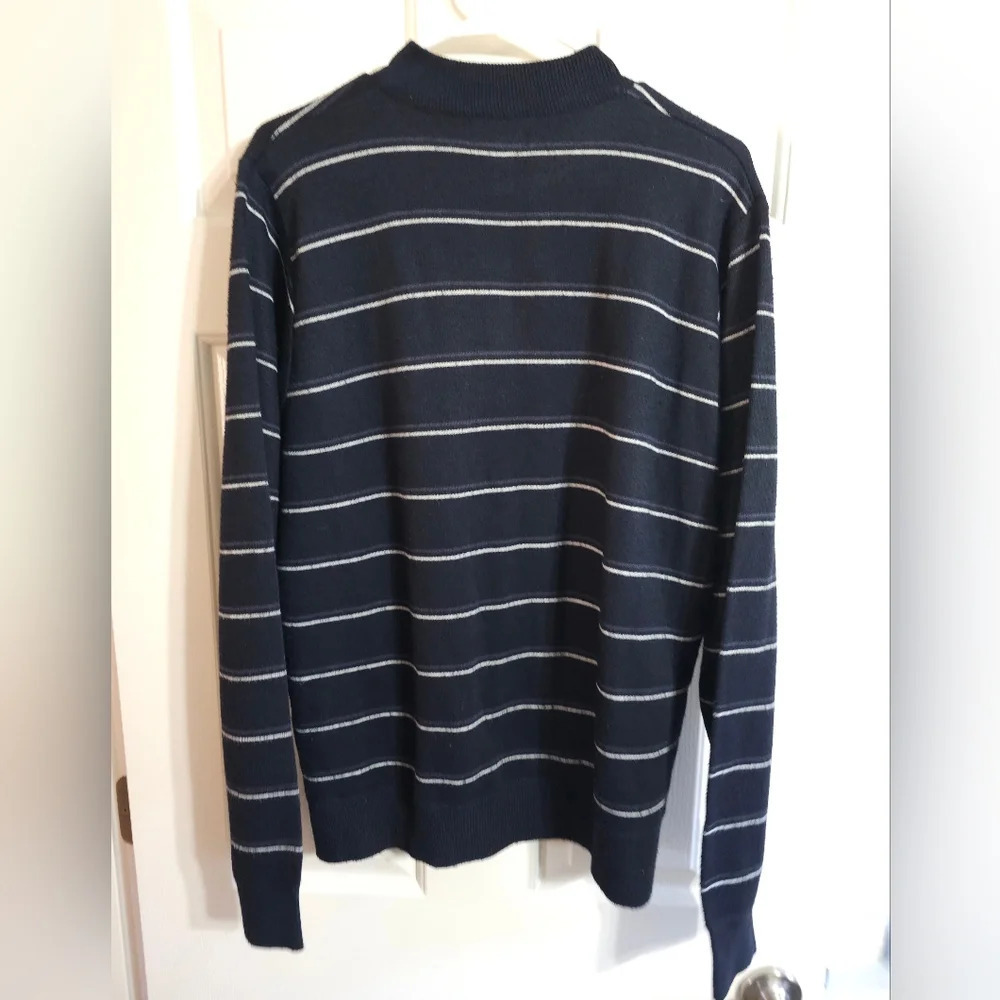 Line 48 Mens Large Navy Blue White Stripe 1/4 Zip Mock Neck Sweater Preppy VTG - Picture 3 of 8